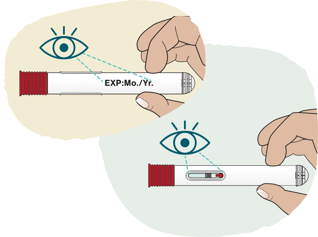 Illustration of Zembrace SymTouch auto-injector being inspected with alcohol swab and sharps container nearby
